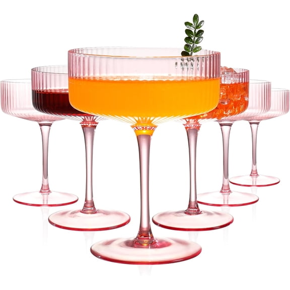 6 Pcs Ribbed Coupe Glasses, 10 oz Pink Martini Glasses Set, Cute Espresso Martini Glass & Champagne Coupe Glass, Elegant Bar Glassware for Cocktails, Wine, Outdoor Entertaining & Gifts