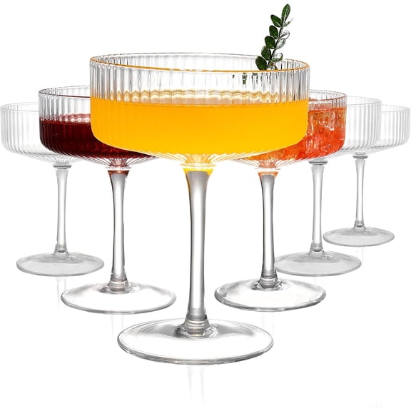6 Pcs Ribbed Coupe Glasses, 10 oz Vintage Martini Glasses Set, Cute Espresso Martini Glass & Champagne Coupe Glass, Elegant Bar Glassware for Cocktails, Wine, Outdoor Entertaining & Gifts