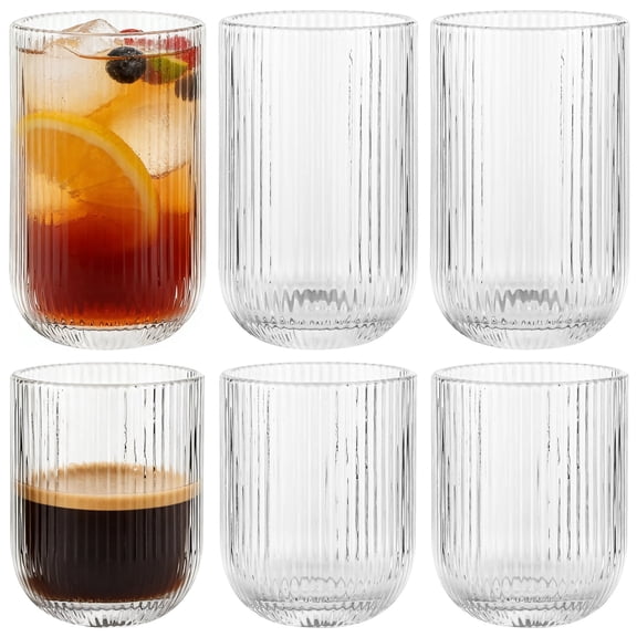 6 Pcs Ribbed Drinking Glasses Set – Fluted Design Glassware, Thick Base, Small 2.95" & Large 5.12" for Water, Iced Coffee, Cocktail, Juice & Wine, Gift Box Ready