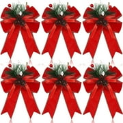 6 Pcs Ribbon Christmas Tree Wreath Decoration,Christmas Bows,Bows with Pine Cones Pine Needles Xmas Buffalo Plaid Bows,Xmas Wreath Bow, for Xmas Parties Indoor Outdoor Crafts DIY Decor(Hot Pink)
