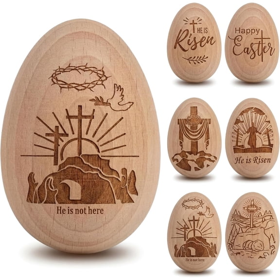 6 Pcs He Is Risen Wooden Egg Vintage Resurrection Egg Farmhouse Easter Christian Decor Religious Basket Stuffers Gift & Table Centerpieces for Home Tiered Tray Farmhouse Decor(6 Pcs,Christian)