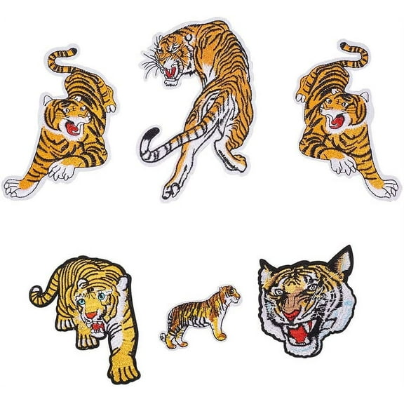6 Pcs Roaring Bengal Striped Tiger Embroidered Cloth Patches DIY Iron On Patches Sew On Applique Craft Patch for Bags Jackets Jeans Backpack Yellow for diy making