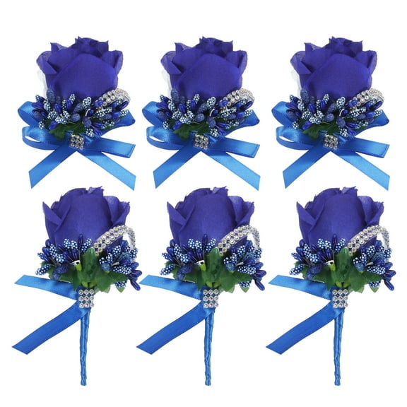 6 Pcs Rose Boutonnieres & Wrist Corsage for Men Wedding Ceremony Anniversary Party Deep Blue