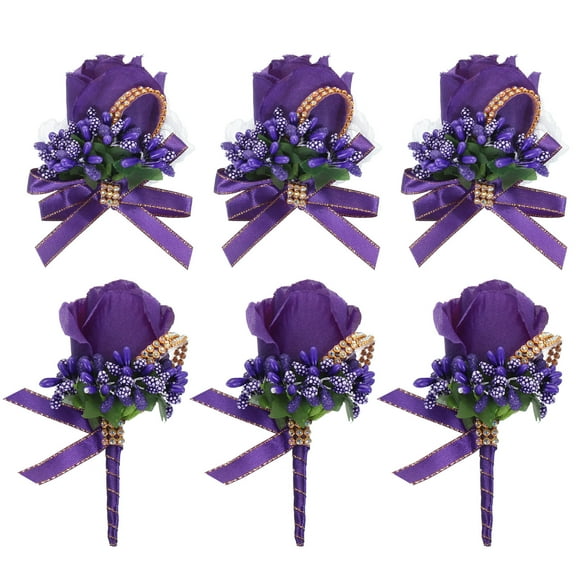 6 Pcs Rose Boutonnieres & Wrist Corsage for Men Wedding Ceremony Anniversary Party Deep Purple
