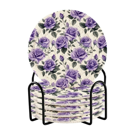 6 Pcs Rose Flowers Purple Drink Coasters with Holder Absorbent Coaster Sets Cup Heat-Resistant Hot Pads Mats for Bar Table Protection