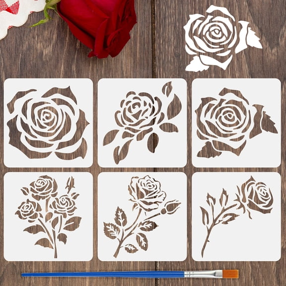 6 Pcs Roses Painting Stencil with Brush 5.9x5.9inch Single Rose Drawing Template Multiple Roses DIY Stencil Rose Flower Decoration Template