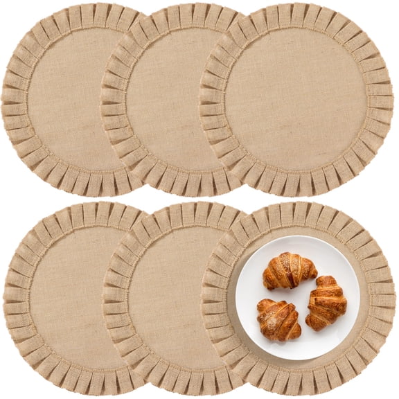 6 Pcs Round Burlap Placemats Set, 15 in Natural Woven Jute Placemats with Fringed Edge, Farmhouse Style Boho Table Mats for Dining Table, Kitchen, Parties, Thanksgiving Dcor