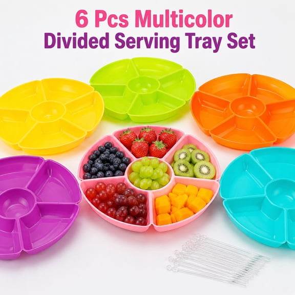 6 Pcs Round Divided Serving Trays 7 Compartment Snack Platters 10.6 inch Multicolor Chip Dip Plates Party Food Organizer for Weddings Birthdays Summer Gatherings Catering Events