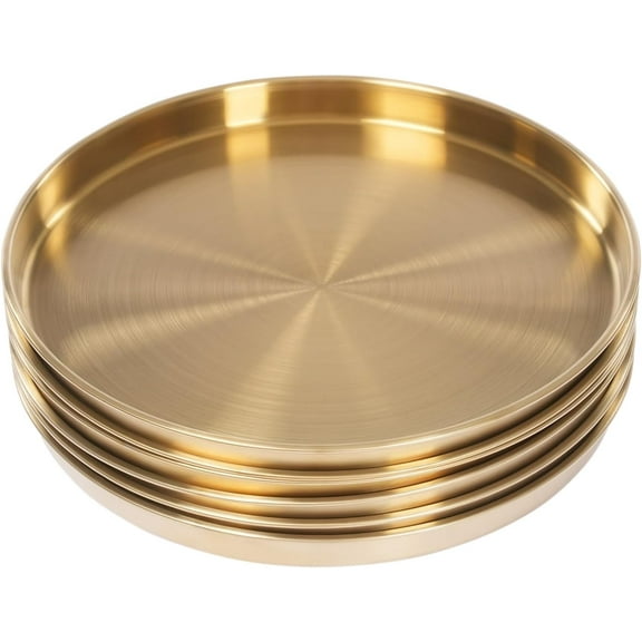 6 Pcs Round Serving Trays,12in Large Round Tray Gold Decorative Plate,1in Deep Dish Circle Display Dish, Stainless Steel Metal Table Tray for Kitchen Coffee Table Vanity Bar Bathroom