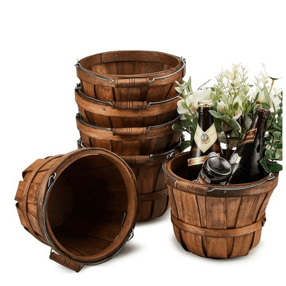 6 Pcs Round Wooden Apple Baskets Small Bushel with Handles for Gifts Empty Harvest Basket fruit Buckets for Garden Picking Strawberry Fruits Flowers Crafts Easter Home Wedding Party D r