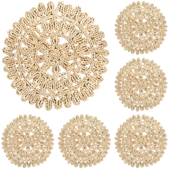 6 Pcs Round Woven Placemats, 15 in Natural Corn Husk Table Mats, Handmade Flower Design, Thick Heat Resistant Dining Placemats for Dining Table