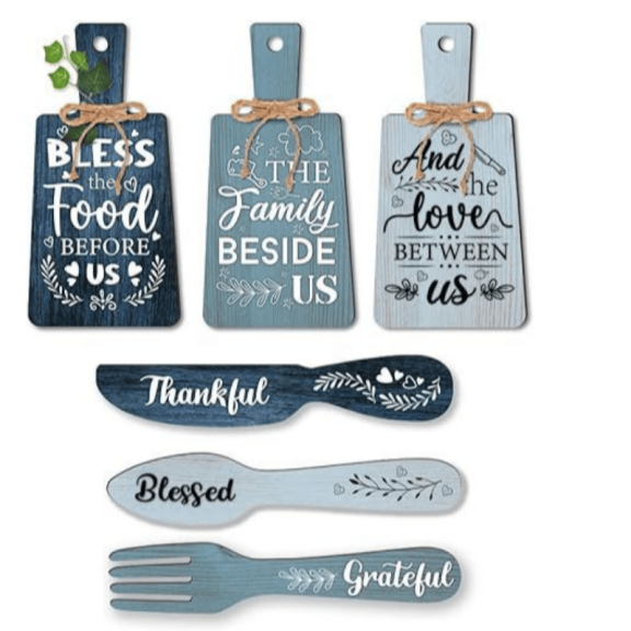 6 Pcs Rustic Wooden Kitchen Wall Decor Set Bless Food Signs with Fork & Spoon Pendant Farmhouse Home Wall Art Decoration Blue