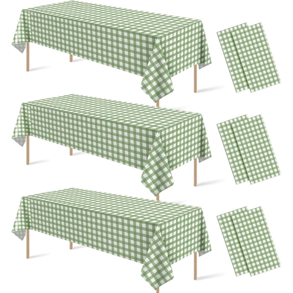 6 Pcs Sage Green Gingham Tablecloth Decorations, Disposable Plastic Green Checkered Tablecloth Buffalo Plaid Table Cover for Baby Shower Bridal Wedding Birthday Party Supplies,54 x 108 Inch
