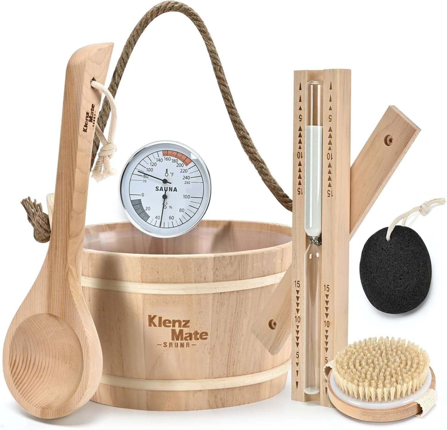 6 Pcs Sauna Accessories Kit, Bucket and Ladle Set, Thermo-Hygrometer, Sauna Hourglass, Brush, Exfoliating Volcanic Rocks, Sauna Set, Wooden Sauna Bucket, 1 Gallon (4 L) Water Capacity, Handmade