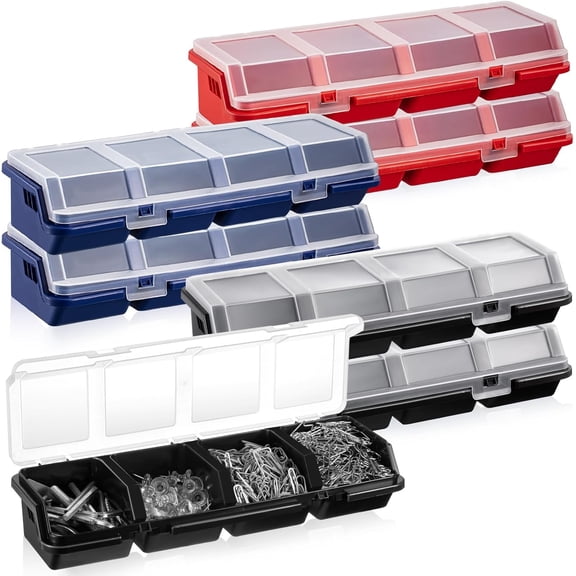 6 Pcs Screw Organizer Box with Lid 4 Compartments Small Parts Plastic Stackable Nut and Bolt Hardware Storage Tool Bin Divider Sorting for Workbench Garage (Blue,Red,Black)