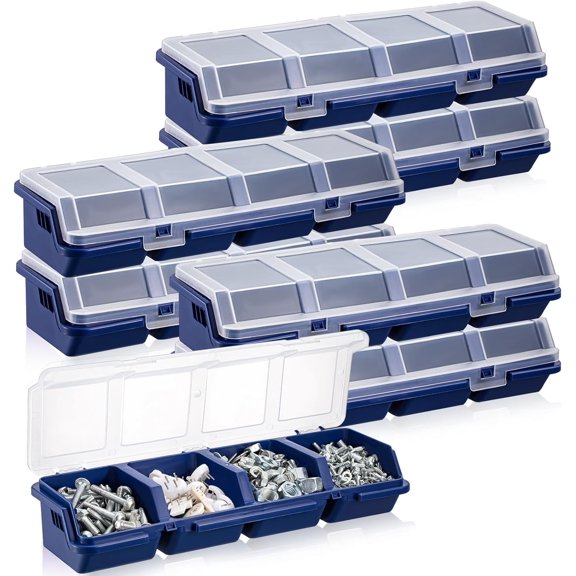 6 Pcs Screw Organizer Box with Lid 4 Compartments Small Parts Plastic Stackable Nut and Bolt Hardware Storage Tool Bin Divider Sorting for Workbench Garage (Blue)