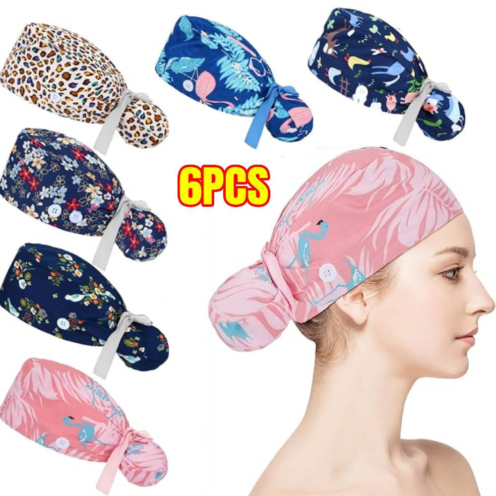 6 Pcs Scrub Caps Women Nursing Hats with Buttons Ponytail Holder ...