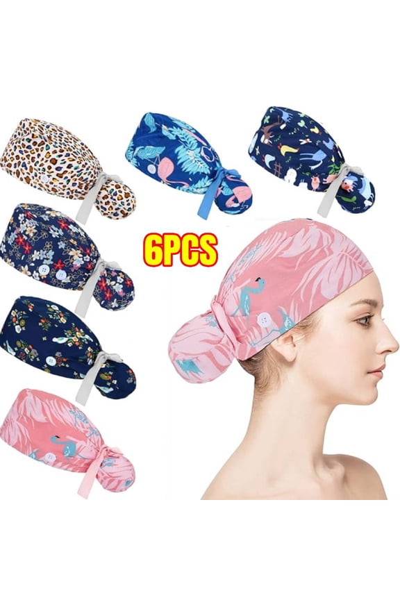 6 Pcs Scrub Caps Women Nursing Hats with Buttons Ponytail Holder Bouffant Turban, Adjustable Bouffant Nurse Hats