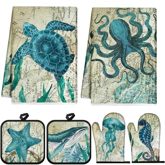 6 Pcs Sea Ocean Beach Kitchen Towels Pot Holders and Oven Mitts Set Coastal Dish Towel Animal Gloves Heat Resistant Potholders for Christmas Gift