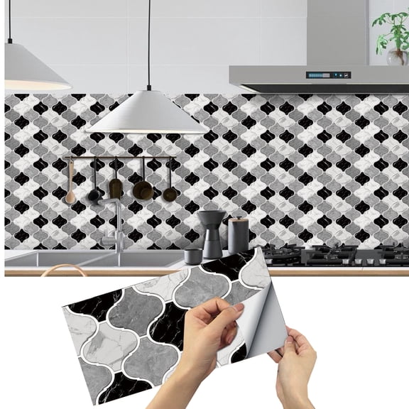 6 Pcs Self Adhesive Tiles Stickers Wall Decals 11.81'' x 5.91'' Black Gray Geometric Pattern Waterproof Peel and Stick Kitchen Backsplash