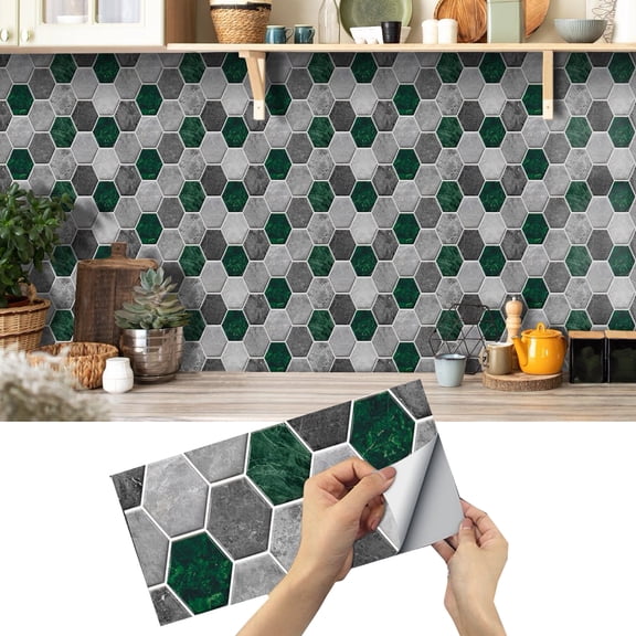 6 Pcs Self Adhesive Tiles Stickers Wall Decals Green Gray Geometric Pattern 11.81'' x 5.91'' Waterproof Peel and Stick Kitchen Backsplash