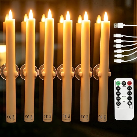 HIDAWN 6 Pcs Sensor Dawn to Dusk Flameless Taper Candles,Rechargeable Window Candles With Suction Cup Holders,LED Battery Operated Fake Candlesticks with Remote,3D Flickering Electric Candlesticks