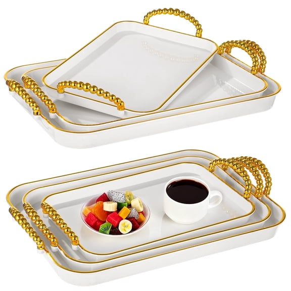 6 Pcs Serving Tray With Handles, White & Gold Plastic Serving Platter Set, Large Rectangular Decorative Food Tray Set for home kitchen, Includes 3 Different Sizes