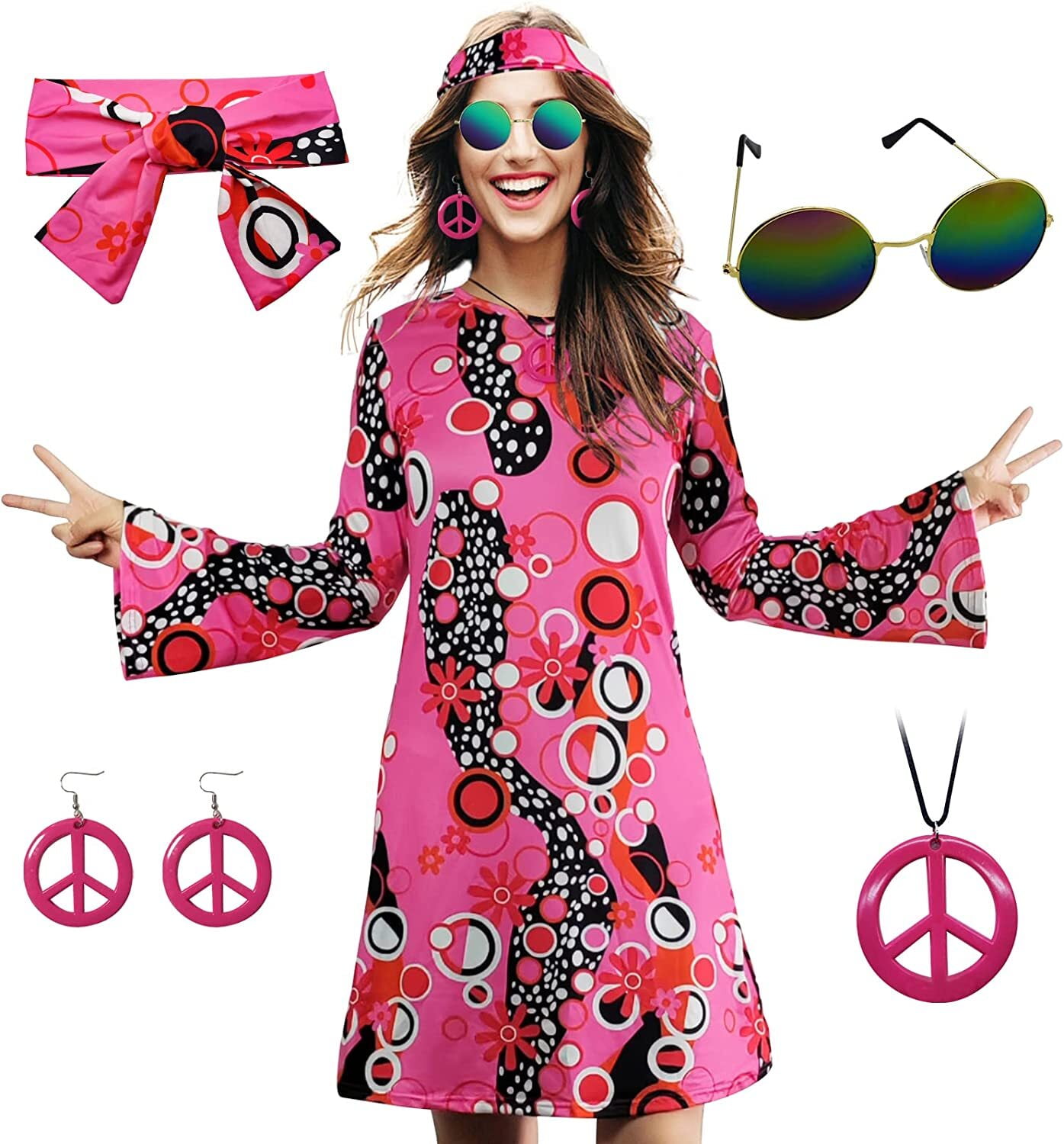 6 Pcs Set 70s Hippie Dress Costumes For Women, 60s Party Costume, Retro ...