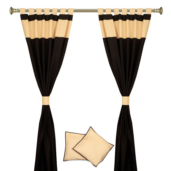 6 Pcs Set Black Gold Raw Silk Curtain,Cushion Cover,Tieback