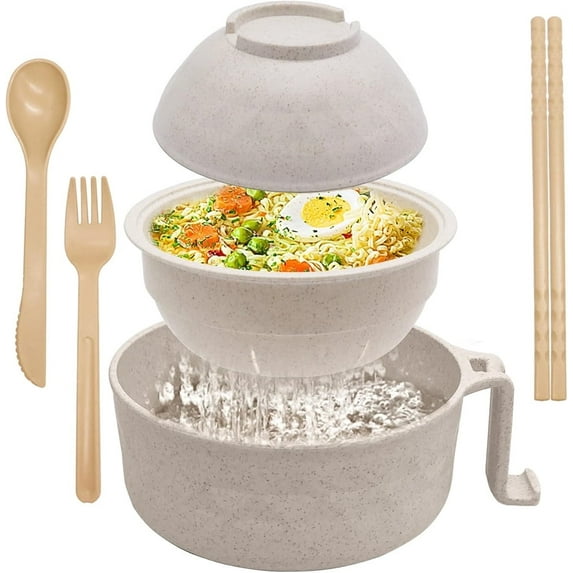 6 Pcs Set Ramen Noodle Bowls Microwavable Set with Lid, NOGIS Instant Microwave Bowls with Handles, Spoon, Chopsticks, Soup Cups Cooking with Soup Mup, College Dorm Room Essentials (Beige)