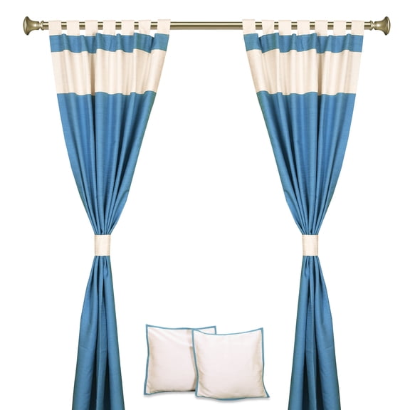 6 Pcs Set Turquoise Cream Raw Silk Curtain,Cushion Cover,Tieback