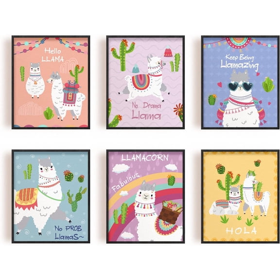6 Pcs/Set Unframed Canvas Wall Art Prints Cartoon Alpaca Pattern Decorative Wall Art Hanging Artwork Decoration for Living Room Bedroom 9.8"x7.8" colorful DIY