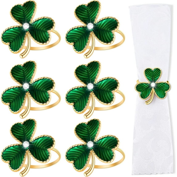 6 Pcs Set of Green Clover Napkin Rings St Patricks Day Napkin Holders Metal Shamrock Napkin Rings for Wedding Party Table Decor Supplies