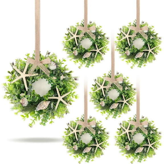 6 Pcs Shell Starfish Swag Wreath Summer Wreaths, Mini Artificial Rustic Farmhouse Wreaths with Ribbon, Pillar Front Door Porch Wall Window Holiday Decoration
