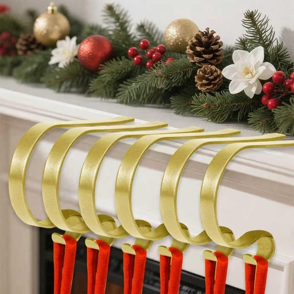 6 Pcs Silent Night Stocking Holder, Golden Stocking Holder for Mantle, Anti-Slip Stocking Holder, Adjustable Stocking Hangers for Mantle, Lightweight Silent Night Decoration Stocking Holders