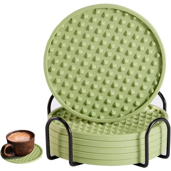 6 Pcs Silicone Coasters for Drinks with Holder, TRIANU Coasters Tabletop Protection for Any Table Type, Wood, Glass, Stone Tables, Dishwasher Safe, Washable and Heat Resistant Coffee Coasters, Green