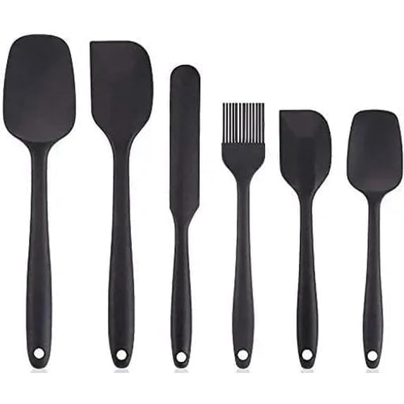 6 Pcs Silicone Spatula Set for Cooking Heat Resistant Non-Stick Silicone Kitchen Tools Brush for Cake Mixer Baking & Mixing Rubber Core Silicone Spatula Non Stick Spoon Set for Cooking (Black)