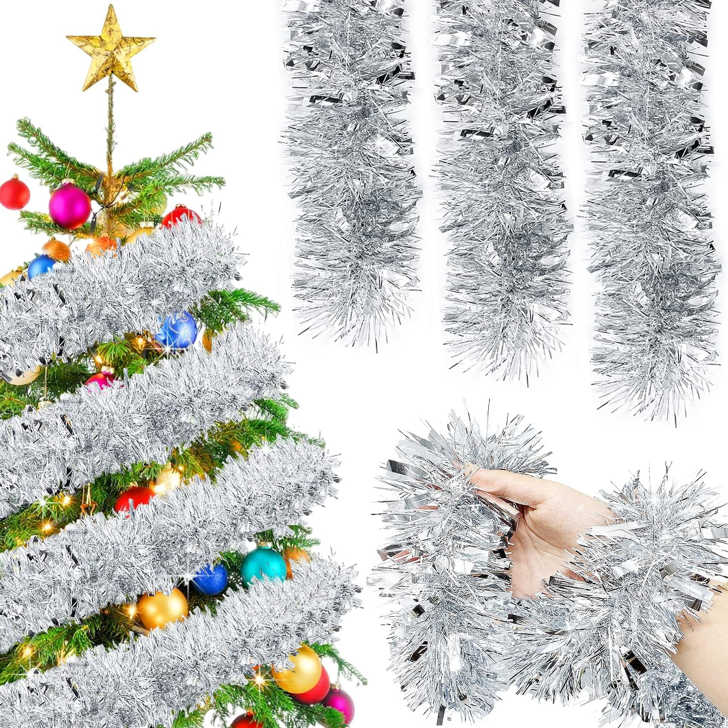 6 Pcs Silver Tinsel Garland for Christmas Tree Decorations Metallic