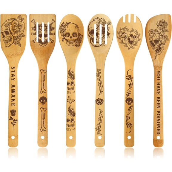 6 Pcs Skull Engraved Bamboo Cooking Utensils Set, Halloween Gifts for Friends, Cool Cooking Spoons Set Gift for Women Men, Birthdays Housewarming Gifts