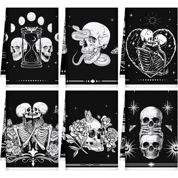 6 Pcs Skull Kitchen Towels Gothic Skeleton Dish Hand Towels Horror Skull Tea Washcloth for Bathroom Kitchen Goth Decor Gifts 26 x 18''''