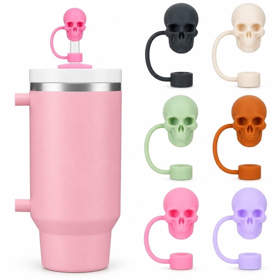 6 Pcs Skull Straw Covers Reusable Silicone Straw Topper Caps 0.4 in for 30 and 40 oz Tumblers with Handle