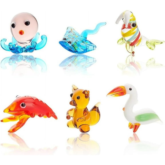 6 Pcs Small Animals Figurines 6 Styles Glass Animal Figurines for Table Home Decor Bird Manta Ray Walrus Octopus Lobster Squirrel Glass Display Miniature for Anniversary Birthday Gift colorful