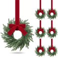 thumbnail image 1 of 6 Pcs Small Christmas Norfolk Wreaths Evergreen 12.6 Inch Christmas Kitchen Cabinet Mini Wreaths Real Touch with Bow and Burgundy Ribbon for Xmas Front Door Window Home Table Pillar Decor, 1 of 8