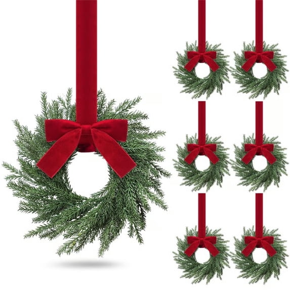 6 Pcs Small Christmas Norfolk Wreaths Evergreen 12.6 Inch Christmas Kitchen Cabinet Mini Wreaths Real Touch with Bow and Burgundy Ribbon for Xmas Front Door Window Home Table Pillar Decor
