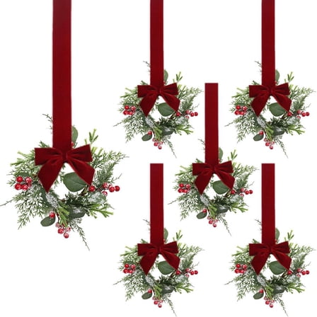 6 Pcs Small Christmas Wreaths - 17.16 Winter Mini Wreaths Christmas Window Decor, Can Cabinet Wreaths, Front