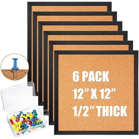 6 Pcs Small Cork Bulletin Board 12 x 12, Framed Corkboard 1/2 Thick Vision Board Small Square Pin CorkBoard Decor Display Organizer for Wall Home Office School$$Office