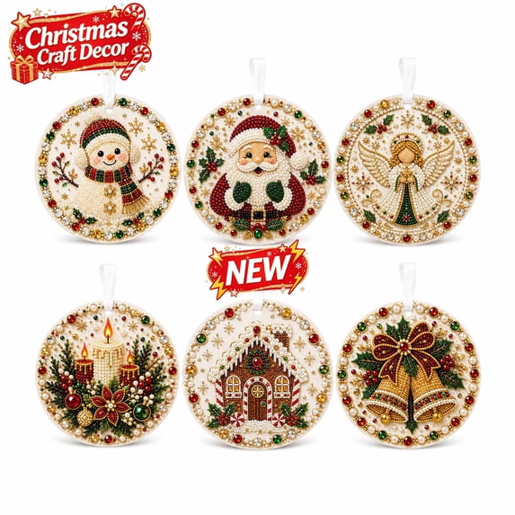6 Pcs Small Diy Christmas Pearl Diamond Art Kits for Adults and Beginner, Shiny Rhinestone Plastic Window Hanging Pendant, Cheap Christmas Decoration Gift for Festive Hand‑made Home Wall(6 Styles)