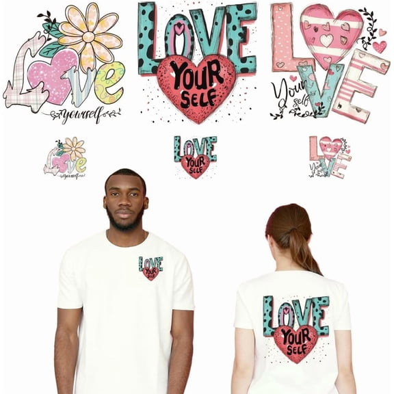 6 Pcs Small Fresh Theme Heat Transfer Film Logo Stickers Set 6 Styles Love Yourself Heat Transfer Stickers Iron on Decals