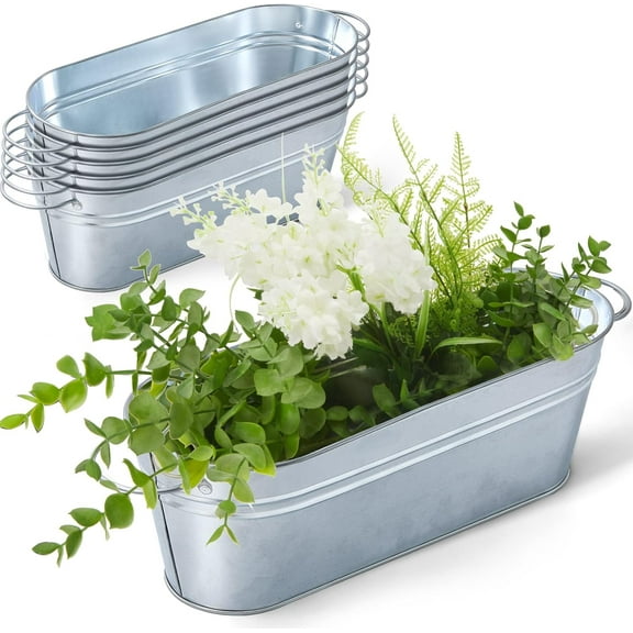 6 Pcs Small Galvanized Oval Planters Tub Galvanized Buckets with Handle Oval Metal Pail Flower Pot Rustic Farmhouse Home Decor for Outdoor Party Wedding (11.42 x 3.94 x 2.99 Inch)