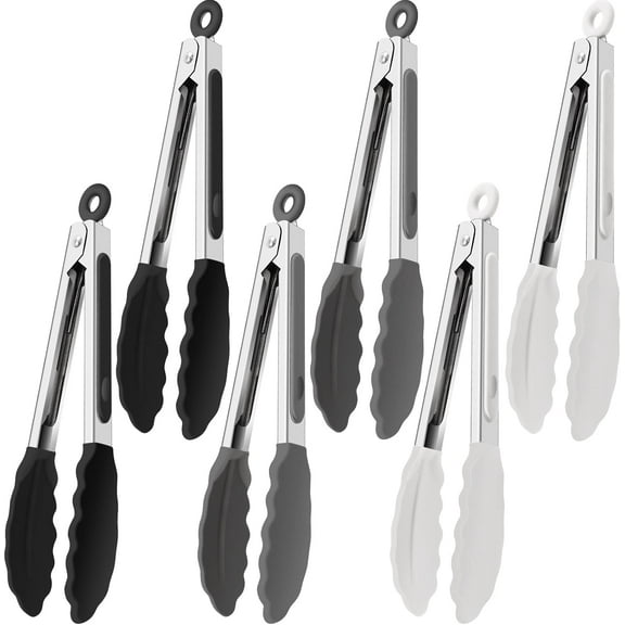 6 Pcs Small Silicone Tongs,7 Inch Mini Serving Tongs with Silicone Tips,Heat Resistant Cooking Tongs,Stainless Steel Silicone Kitchen Tongs for Salad Food Frying BBQ(Black,Gray,White)